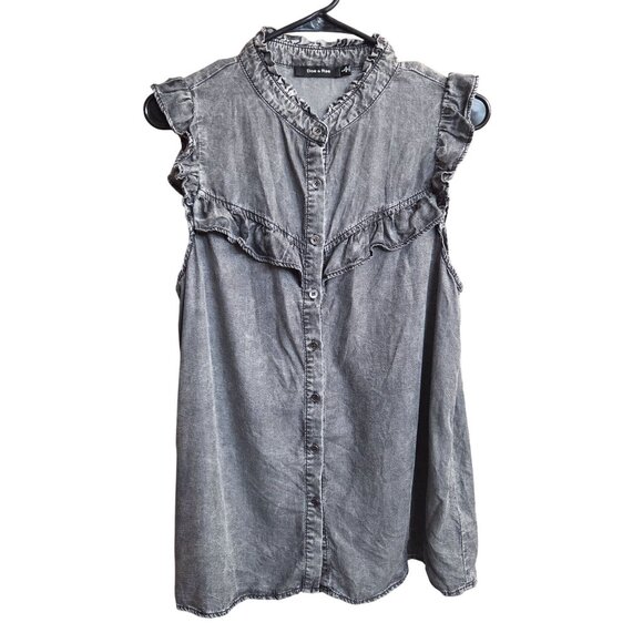 Doe & Rae Black Chambray Sleeveless Ruffle Blouse Size Large - Picture 1 of 8